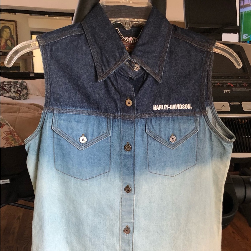 Harley-Davidson Liberty Bell Denim Sleeveless Shirt In Ombré Colorwave